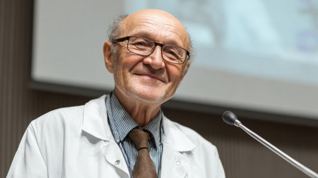 An older man in a lab coat smiles while standing at a podium. He appears to be making a presentation in a modern conference room.の素材