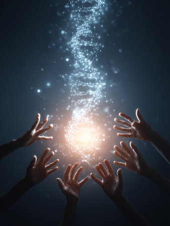 Several hands extend toward a bright, glowing orb in a dark space, emphasizing themes of exploration and discovery within a molecular context.の素材