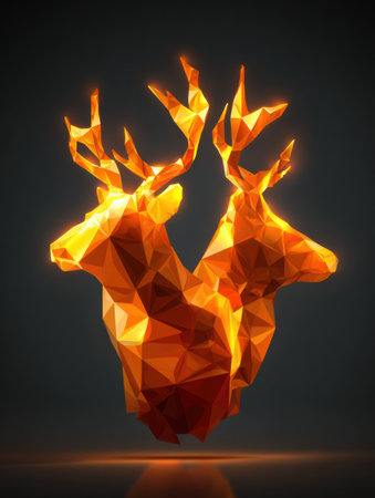 Two stylized deer heads emerge in striking orange hues, creating a mesmerizing visual statement. The geometric shapes highlight artistry in modern design.の素材