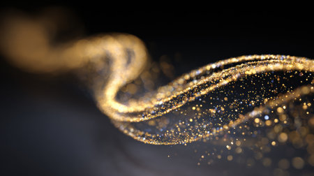 Delicate shimmering golden particles flow elegantly, forming a captivating ribbon-like shape against a rich black backdrop, evoking a sense of wonder.の素材