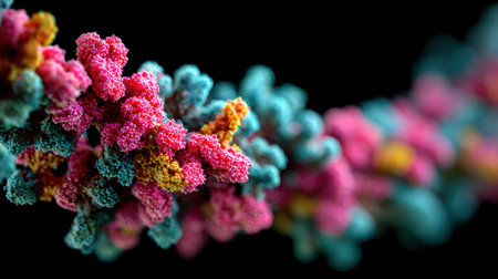 Vibrant and colorful structures resembling coral are displayed in a detailed macro view, highlighting their complexity and beauty against a dark backdrop.の素材