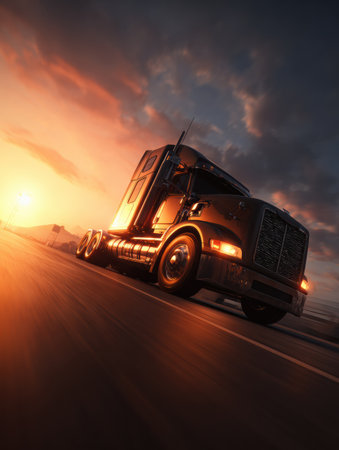 A large truck drives along an open highway at sunset, with vibrant colors illuminating the sky. The scene captures a sense of journey and freedom on the road.の素材