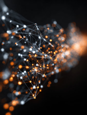 Lines and nodes glow in orange and white on a dark background, depicting a network design that highlights digital connectivity.の素材