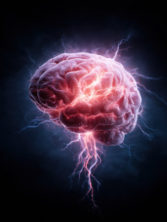 A vibrant human brain glows intensely with electric sparks and energy effects, set against a black backdrop, illustrating neurological activity and power.の素材