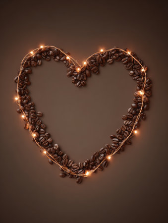 Coffee beans are arranged in a heart shape, surrounded by soft glowing fairy lights against a rich brown background, evoking warmth and love.の素材