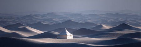 A solitary white tent is visible amidst rolling sand dunes that stretch endlessly.の素材