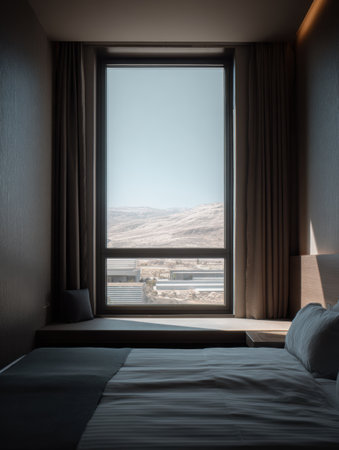 Cozy hotel room features a large window with a view of distant mountains and urban landscape, highlighting natural light and minimalistic design.の素材