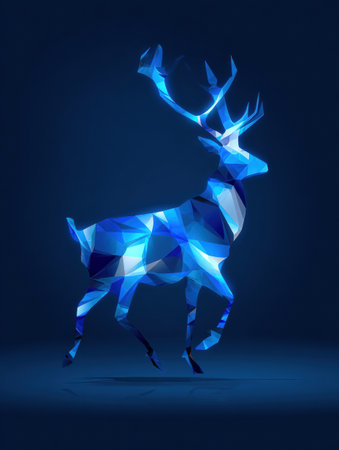 A stylized deer made of vibrant blue geometric shapes presents a modern artistic interpretation, standing on a smooth surface with a dark backdrop.の素材