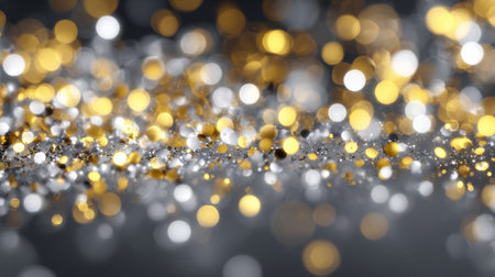 Sparkling gold and silver dots blend together in a soft focus, creating a dazzling backdrop suitable for festive gatherings, parties, or special occasions.の素材