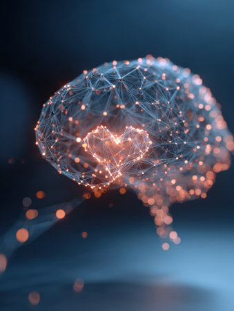 Glowing connections form a brain shape with a heart symbol at its center, representing the blend of technology and emotion in a modern, innovative style.の素材