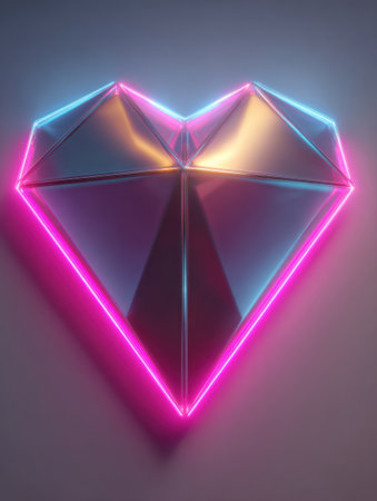 A vibrant heart design made of crystal reflects colorful light, featuring neon accents that create a lively atmosphere and appealing visual effect.の素材