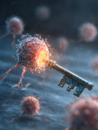 A key lights up, revealing the complex interactions within a vibrant cellular environment and the connections between its structures.の素材