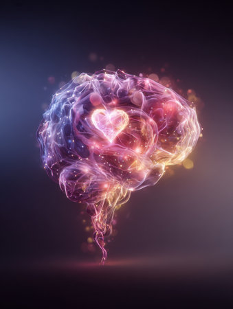 A vibrant brain sparkles with heart shapes and swirling energy, representing the bond between love and intelligence in a creative display.の素材