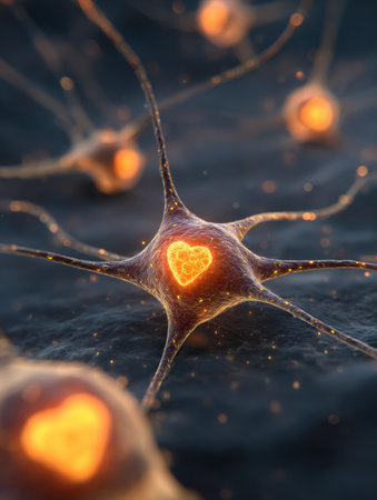 Glowing neurons with heart shapes at their centers showcase the interconnectedness of emotions in a dark, abstract environment filled with light.の素材