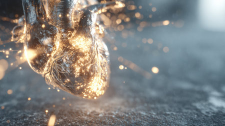 A heart-shaped sculpture glimmers with sparks, set against a rough surface. Soft light enhances the metallic texture during the evening.の素材