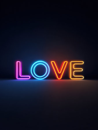 Bright neon letters spell out love in vibrant colors, casting colorful reflections on the ground, creating an inviting and warm atmosphere at nightの素材