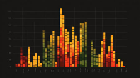A vibrant bar chart displays complex data trends, using color gradients to illustrate various metrics over time for clear visual analysis.の素材