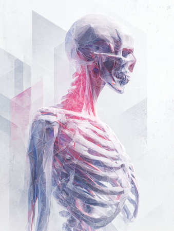 A skeletal model is portrayed in an artistic style, combining anatomical elements with geometric shapes and vivid colors against a neutral backdrop.の素材