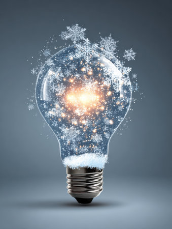 A light bulb creatively filled with snowflakes and glowing light captures a magical winter scene. The soft light contrasts with cool winter elements.の素材