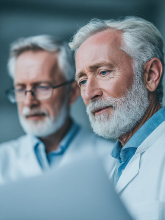 Two older men in lab coats focus on printed research materials, discussing findings in a contemporary lab filled with equipment.の素材