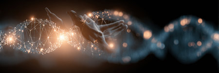 Hands extend towards a luminous DNA strand, representing advances in genetics and biotechnology with an artistic and futuristic atmosphere.の素材