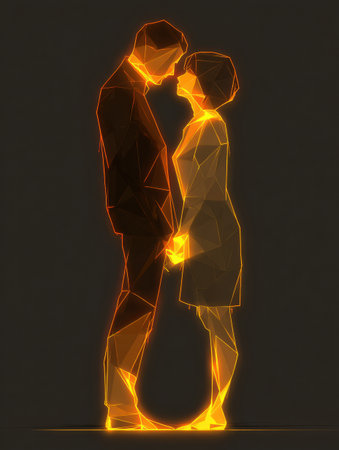 A couple stands close together, sharing a moment of tenderness with colorful geometric patterns illuminating their forms as evening approaches.の素材