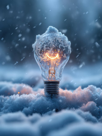 A light bulb with a glowing filament stands in the snow, illuminated against a backdrop of falling snowflakes, creating a magical winter ambiance.の素材
