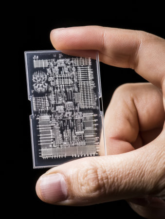 A person holds a clear, detailed microchip displaying complex circuitry against a dark background, highlighting advancements in technology and design.の素材