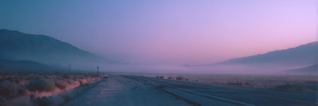 Twilight descends over a serene landscape featuring a secluded road and mist-covered mountains. Soft hues of pink and blue create a tranquil scene.の素材