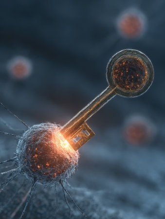 A golden key is shown unlocking a vibrant cell in a detailed microscopic setting, with glowing particles dispersed in the background, creating a dynamic scene.の素材