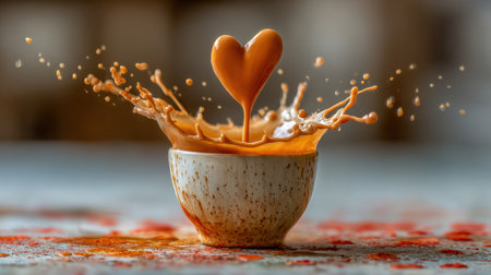 A splash of coffee forms a heart shape above a small bowl, creating a delightful scene on a rustic table with colorful spice accents.の素材
