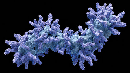 Close-up view of a complex protein structure, displaying unique textures and vibrant colors, highlighting its significance in biological research and education.の素材