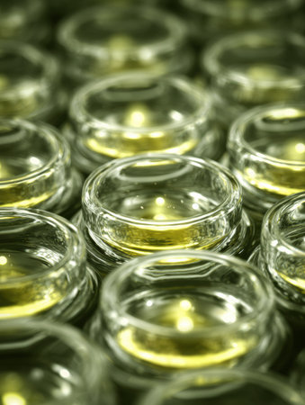 Glass jars filled with yellow liquid are neatly organized in rows, reflecting light and showing the intensity of the color in a crafting workspace.の素材