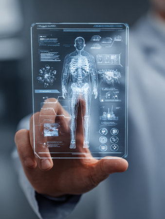 A medical professional interacts with a holographic display showing detailed human anatomy and health metrics in a modern healthcare setting.の素材