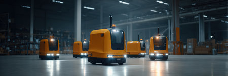 Automated yellow robots navigate a spacious warehouse, showcasing advanced technology in action while performing tasks related to inventory management.の素材