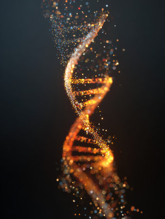 Golden strands of DNA twist gracefully in a mesmerizing dance, highlighting the elegance of genetic elements against a contrasting dark backdrop.の素材
