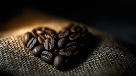 Coffee beans are carefully placed in a heart shape on a burlap background, creating a warm and inviting scene perfect for coffee enthusiasts.の素材