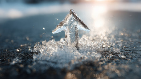 An elegant ice formation rises from the surface, reflecting sunlight and surrounded by melting snow, capturing the essence of a chilly winter day.の素材