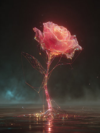 A vibrant rose with a glowing design stands on a reflective surface, enveloped in a mystical mist for a captivating scene.の素材