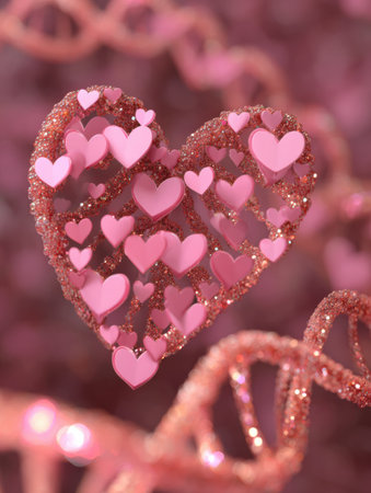 Vibrant heart design filled with smaller hearts sits on a soft pink background, creating a playful and romantic atmosphere ideal for celebrations.の素材