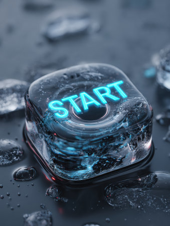 A translucent ice cube features a glowing start button, surrounded by small ice shards and water droplets on a dark surface, creating a striking visual effect.の素材