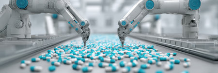 Two robotic arms actively sort and inspect colorful capsules on a conveyor belt in a high-tech pharmaceutical production area.の素材