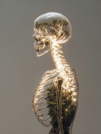 Glowing skeletal structure highlights branches and leaves in a tranquil space, blending nature and anatomy in an artistic display of life and form.の素材