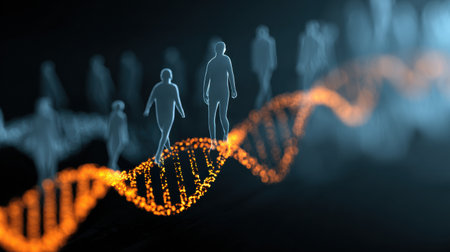A visualization shows transparent human figures walking along a glowing DNA strand, representing the intersection of genetics and humanity in a modern context.の素材
