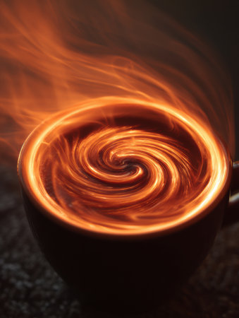 A dark cup of coffee sits on a table with steam swirling dynamically above it, forming spiral patterns that evoke warmth and comfort.の素材