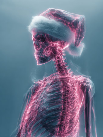 A skeleton adorned with a fluffy Santa hat stands in a mystical setting, softly lit, capturing a unique blend of holiday cheer and eerie imageryの素材