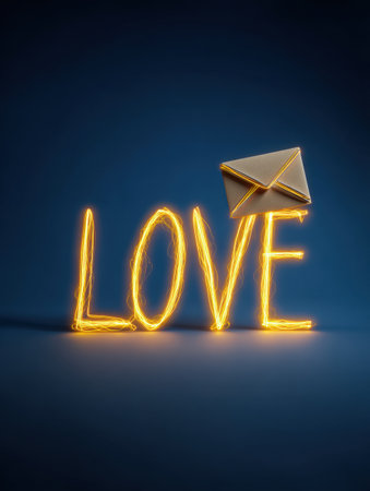 Bright letters spell love while a small envelope rests on top, creating a warm and inviting feeling against a dark blue backdrop.の素材