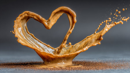 A captivating heart shape splash emerges from a rich liquid, showing vibrant textures and shades, set against a dark backdrop.の素材