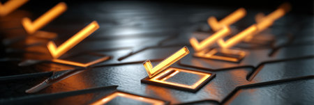 Glowing checkmarks stand out against a dark background, representing tasks completed successfully in an engaging and modern digital environmentの素材