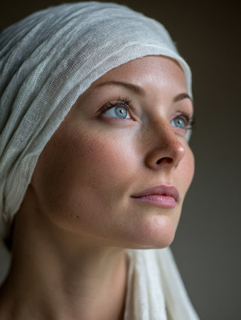 A woman with bright blue eyes and smooth skin looks upward while wearing a white headscarf.の素材